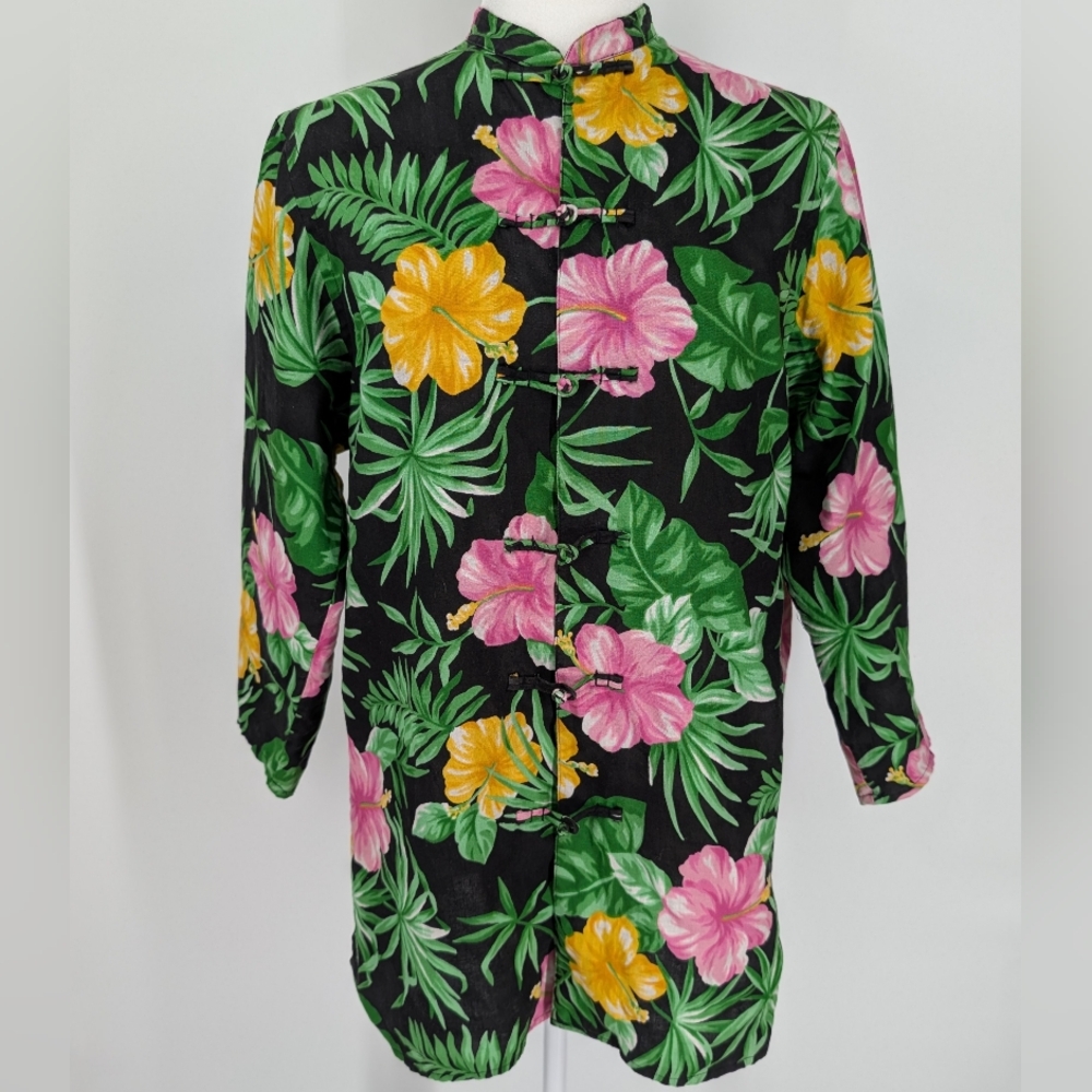 Lauren Ralph Lauren Vintage Black Pink Green Floral Linen Kimono Jacket Medium